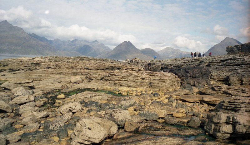 Middle Jurassic tidal sandstones near Elgol, with the Cuillin Mountains behind, Isle of Skye