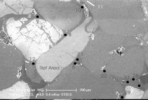 SEM-CL image of a Jurassic sandstone with dull luminescent overgrowth cements with ion probe stable isotope analysis points