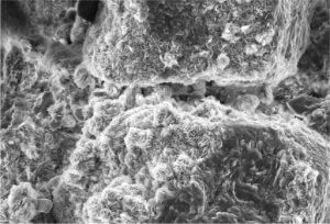 SEM image from a zone of high log porosity, but anomalously low permeability.  Syn-depositional clay floccules have migrated to pore throats before being cemented in-situ by pore-lining diagenetic chlorite.