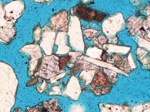 Sandstone ditch cuttings fragment in thin section showing moderate primary porosity preserved by early authigenic chlorite pellicles