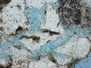 Sandstone cuttings fragment showing intergranular pore space filled by thick authigenic chlorite pellicles