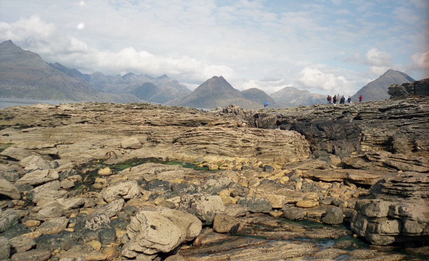 Middle Jurassic tidal sandstones near Elgol, with the Cuillin Mountains behind, Isle of Skye