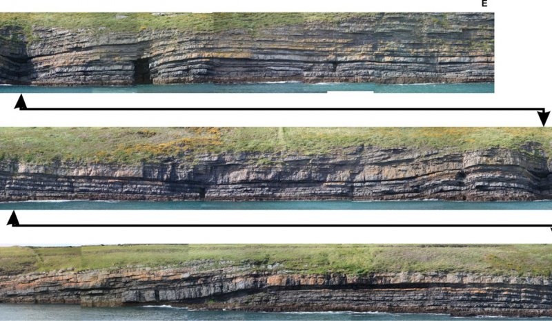Long coastal exposures of the Rehy Cliffs turbidite channel complex are accessed by boat, Clare Basin, West of Ireland