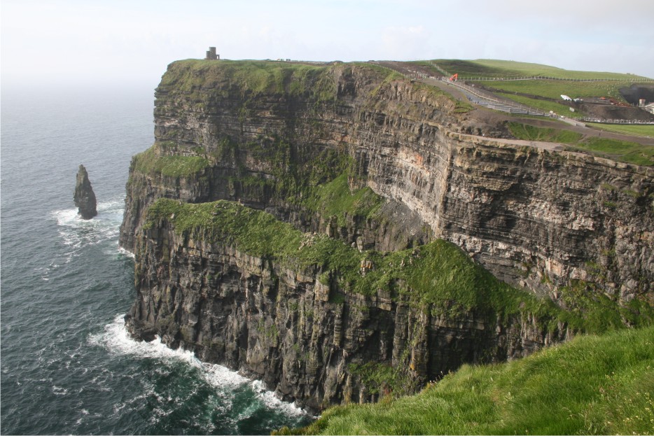 Seismic scale basin slope to deltaic sequence, with turbidite channel cut and fill at the base, Cliffs of Moher, Western Ireland